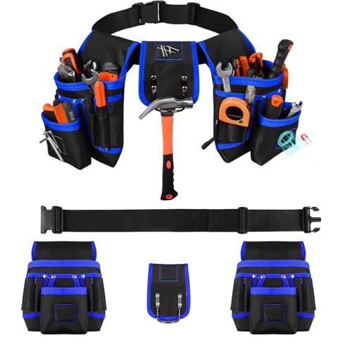 BLOGLOER Cinturón Herramientas con 26 Bolsillos y 1 Portamartillo Anillo, Magnéticas cintura con 3 Imanes Fuertes, Refuerzo de Remaches, para Electricistas, Técnicos, Negro Azul