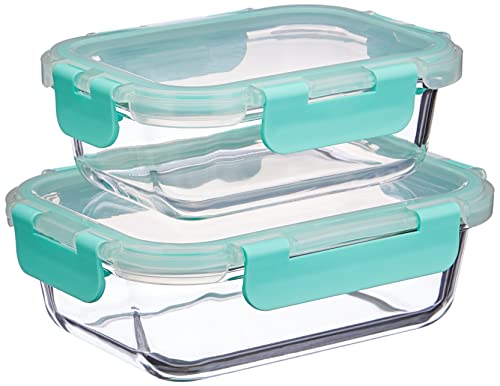 Image of Amazon Brand - Solimo Glass Storage Containers with Break-Free, Detachable Locks, Airtight, Leakproof, Microwave-Safe, Oven-Safe, Freezer-Safe, Set of 2, Rectangle (370 + 600 ml) | Transparent