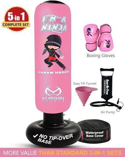 Image of Marwan Sports Ninja Kids Punching Bag - Inflatable Sensory Toy & Birthday Gift for Boys & Girls Ages 4-12, 63 inch Freestanding 5-in-1 Kit, Indoor Apartment-Quiet Sensory-Friendly Active Play