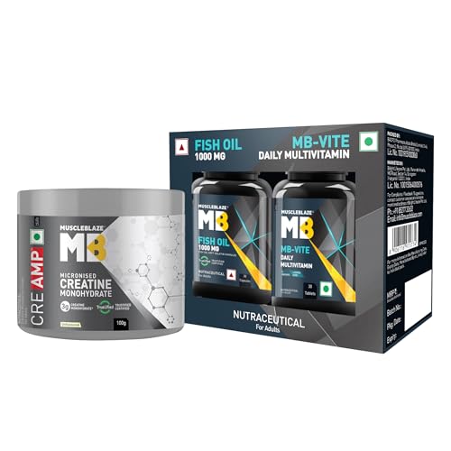 Image of MuscleBlaze Micronised Creatine Monohydrate CreAMP Powder, Unflavoured (32 Servings, 100g), MB-Vite Daily Multivitamin (30 Tablets) & Omega 3 Fish Oil 1000mg (30 Capsules) | Pack of 3