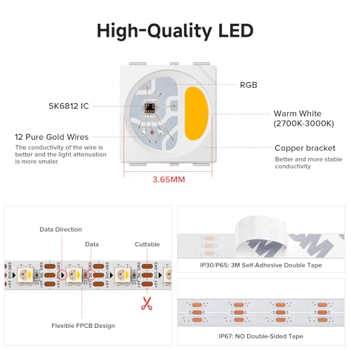 Image of BTF-LIGHTING SK6812(Similar WS2812B) UL Listed RGBW RGB+Warm White(3000K) Individually Addressable DC12V 16.4FT 60LED /m 4 Colors in 1 Light Dream LED Strip IP30 White PCB(No Adapter or Controller)
