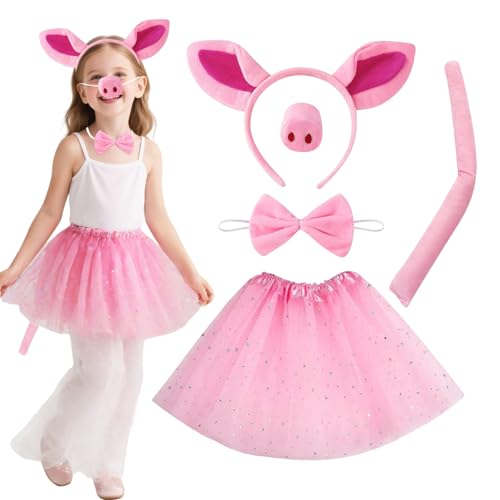 YAUOIPI 5 Pcs Pig Costume Set Pink Pig Ears Headband Tail Nose and Bow Tie kids Tutu Skirt Plush Animal Fancy Dress Accessories for Theme Cosplay Halloween Carnival Masquerade (Pink)