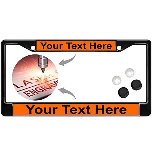 Image of Custom Personalized Black Powder-Coated Metal Laser Engraved Standard Size - Car /Automobile License Plate Frame with Free caps - Orange /Black Text (Qty: 1 Frame)