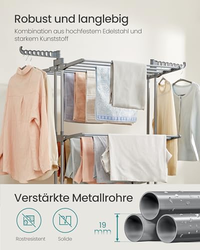 SONGMICS Wäscheständer, Standtrockner 4 Ebenen, Flügelwäscheständer, klappbare Flügel, mit Rollen, 63,5 x 125,5 x 173 cm, groß, einfacher Aufbau, Taubengrau LLR703G01