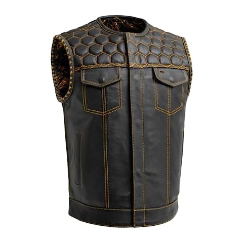 First Mfg Co Hornet Men's Leather Vest - Beehive Stitch, Roll-Up Collar, Conceal Carry Pockets, Quilted Design, YKK Zippers Cover