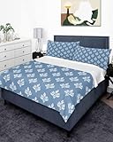 Top Sheet Queen Bedding Flat Sheet Only, Abstract White Floral on Blue Microfiber Bed Sheets Soft Breathable Bedding Flat Sheets, Modern Arabian Style Pattern Hotel Luxury Top Sheets
