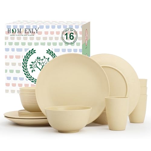 Image of Homienly Premium Wheat Straw Dinnerware Sets, Lightweight & Unbreakable Plates and Bowls Sets,Cups,Service for 4,Dishwasher and Microwave Safe 16 PCS Dish Sets for Home，Camping- Beige