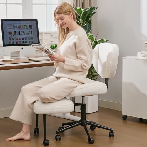 EGSEAT Criss Cross Office Chair with Wheels Adjustable-Height Backrest & Swivel Footrest Ergonomic Cross Legged Chair with Leg Rest for Kneeling Meditation Yoga ADHD Beige Teddy Fleece
