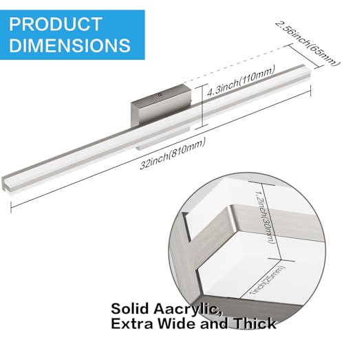 Image of SOLFART Bathroom Lighting Fixtures Over Mirror Dimmable 32 Inch LED Vanity Lights Brush Nickel Bathroom Light S8200-810mm-NK-D