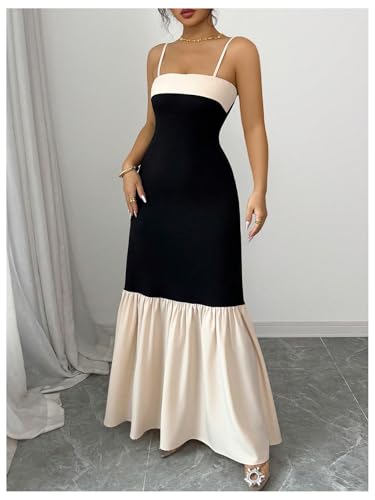 Image of SOLY HUX Women's Color Block Ruffle Hem Maxi Dress Spaghetti Strap Elegant Long Cami Dresses