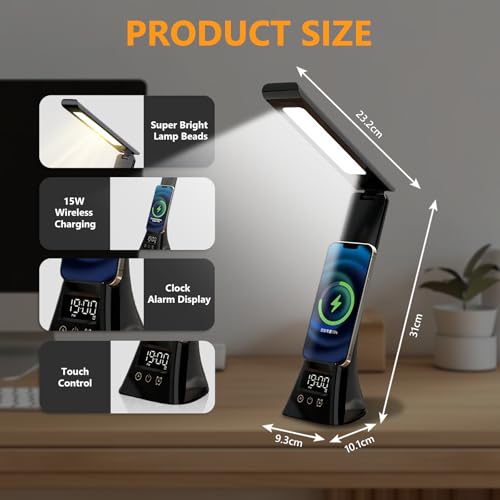 AMFUN Desk Lamp, Eye-Caring LED Table Lamp, 3 Color Modes,USB Charging,Dimmable Bedside Lamps with Clock,Touch Control - Image 2