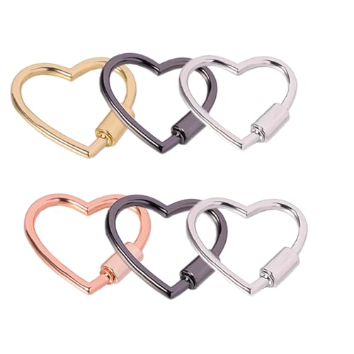6 Heart Shape Aluminum Key Ring Gold Multicolor Screw Lock