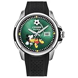 CITIZEN Eco-Drive Mickey Mouse para hombre, caja de acero inoxidable en tono plateado de 44 mm con correa de silicona negra y esfera verde (estilo: AW1656-08W)