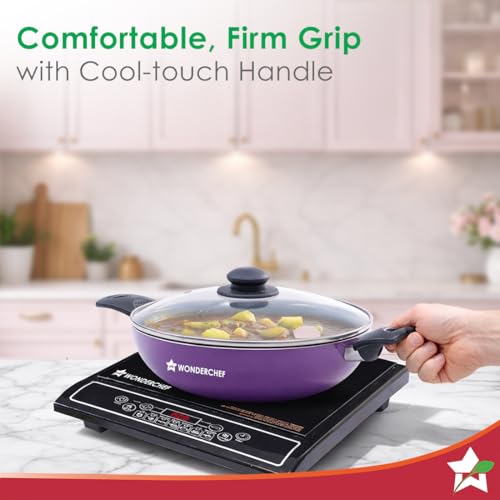 Wonderchef Valencia Non-Stick Kadhai with Glass Lid | Cool Touch Bakelite Handles | Pure Grade Aluminium| PFOA Free|2 litres Capacity | Size 24 cm Kadai | 1 Year Warranty | Purple