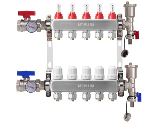 5-Branch Radiant Heat Manifold,Stainless Steel PEX Manifold with Compatible Outlets for Hydronic Radiant Floor Heating (1/2" Adapters included)