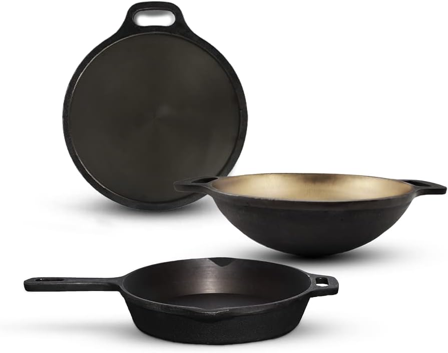 The Indus Valley Super Smooth Cast Iron Cookware Set | Tawa (30.5 Cm) + Kadai (25.4 Cm/2.5L) + Fry Pan (25.4 Cm/1.9L) | Kitchen Cooking Combo Pots And Pans Set Of 3Pcs | Naturally Nonstick - Black