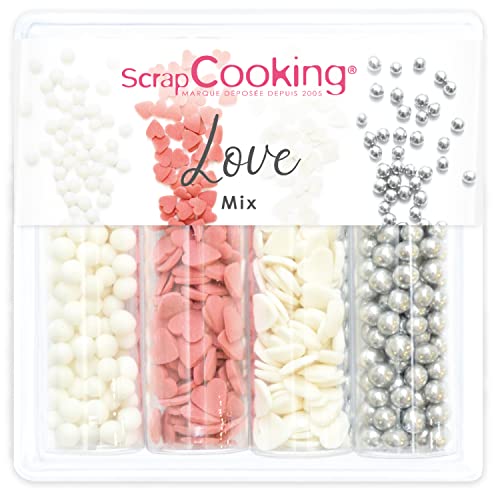 SCRAP COOKING Decoraciones dulces 'Love Mix' 56 g – Surtido 4 variedades: Corazones rojos y blancos, perlas blancas plateadas, decoraciones para pasteles, magdalenas de cumpleaños, San Valentín 7521