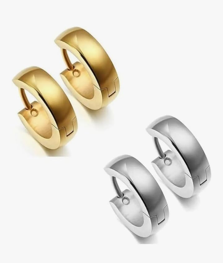 t trendy mart Stainless Steel Hoop Earrings for Men Boys, Gold and Silver, Clip on Piercing Bali Stud, 2 Pairs Combo-picture-20