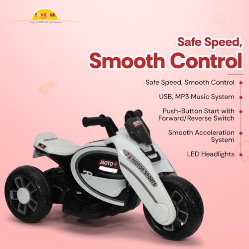 Image of Toyzone Moto Electric Bike (White) | 6V Rechargeable Bike with 4.5Ah Battery | LED Lights, Built in Music | Smooth Acceleration | 6M Battery Warranty | Age 2-8 Years, Upto 35 kg
