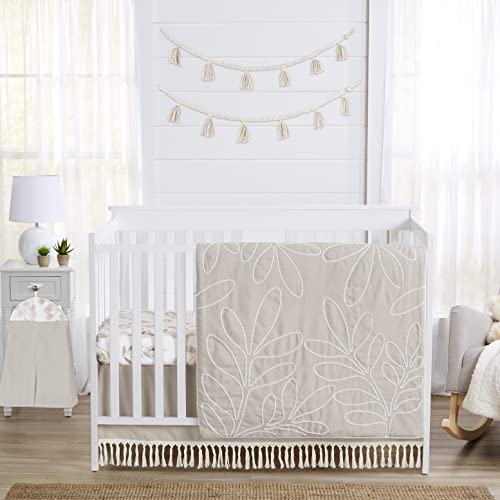Image of Sweet Jojo Designs 4-Piece Baby Crib Bedding Set (Woodland Boho Leaf) for Girls, Infants/Nursery incl. Blanket, Fitted Sheet, Skirt, Diaper Stacker (Neutral, Taupe, Linen, Botanical Floral, Farmhouse)
