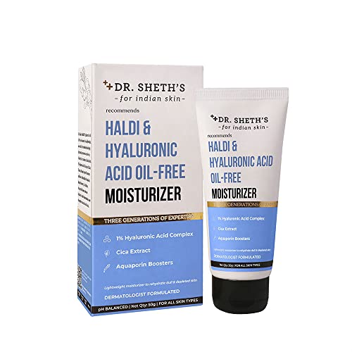 Dr. Sheth's Haldi & Hyaluronic Acid Oil-Free Moisturizer | Lightweight Moisturiser | Rehydrates Dull Skin | With 1% Hyaluronic Acid, Cica Extract & Aquaporin Boosters | For Women & Men | 50G