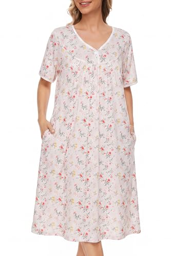 Image of AVIIER Nightgows for Women Soft Cotton Night Shirts Short Sleeve Sleepwear with Pockets