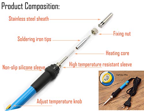 LBY Electric Soldering Iron Kit, (60W ,110V) Adjustable Temperature Welding Tool, with 5pcs Soldering Tips, Soldering Iron Kit Electronics, Stainless Steel, Copper, (Blue)