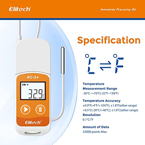 Image of [ISO 17025 Certified] Elitech RC-5+ TE Digital PDF USB Temperature Data Logger Reusable Recorder Refrigerator Thermometer 32000 Points High Accuracy (Extra External Sensor)