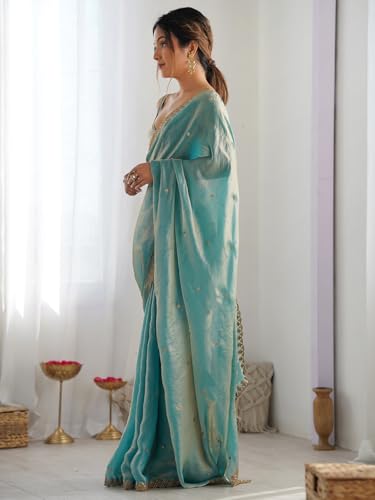 Image of AKHILAM Women's Shimmer Tissue Embroidered Saree With Unstitched Blouse Piece