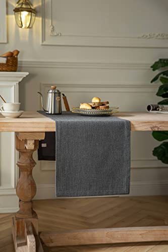 Image of ZeeMart Burlap Style Farmhouse Table Runner, 14x90 Inches Graphite Grey | Thick Durable Fabric, Mitered Corner Design, Rustic Woven Dining Table Runner, Machine Washable Everyday Table Scarf