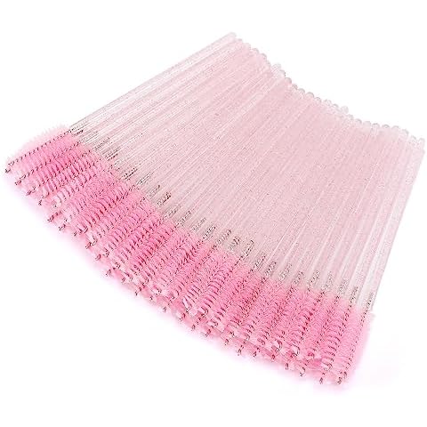 Tbestmax 50 Pcs Disposable Mascara Wands, Crystal Eyebrow Spoolies Brush for Eyelash Extensions, Pink Eye Lash and Makeup Brush Cover