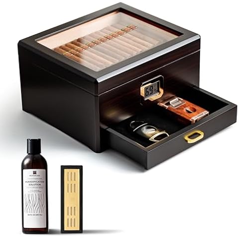 Woodronic Cigar Humidor with Accessory Drawer for 50 Cigars, Humidifier & Humidor Solution, Digital Hygrometer, Spanish Cedar Lining & Divider, Cigar Box Gifts for Men Cover