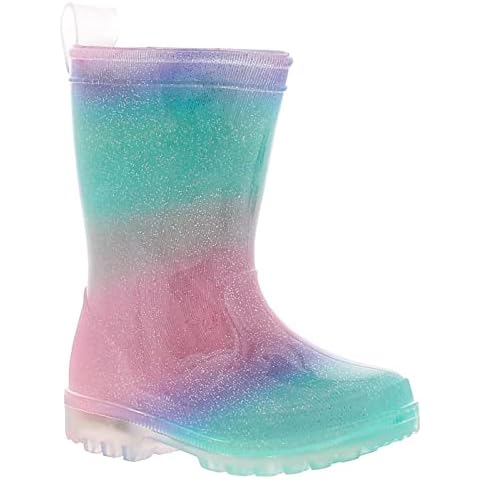 Princess Stardust Rainfall pattern Girls Wellies wellington boots light up multi rainbow design kids sparkly flashing lights rain snow shoes waterproof light up sole Rainbow 11 Child UK Cover