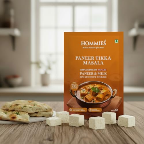 Image of Hommies Dhaba Style Paneer Tikka Masala Curry Spice Mix | Ready to Cook in 15 mins | Just Add Paneer and Milk | Shahi Paneer Tikka Masala Spice Mix | Serves 4 | Made with Cashew Nuts | No Preservatives | 50 gm each (Pack of 4)
