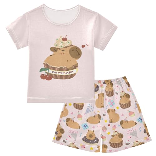 Cupcake Capybara Pink Summer Cute Pajama Sets, Short Sets for Daily Wears and Sleep Wears