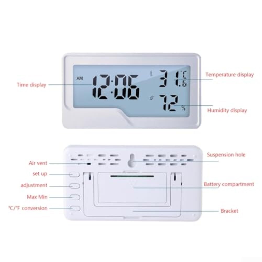 Termómetro digital higrómetro con reloj -50 a 70 °C medidor de humedad de temperatura, registro máximo/mínimo, montaje en pared o escritorio para invernadero doméstico (sin retroiluminación)