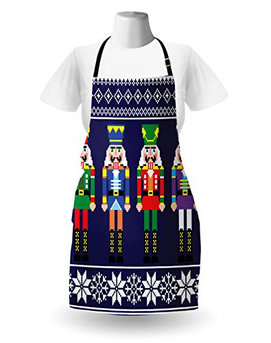 Lunarable Nutcracker Apron, Colorful Retro Style Pattern With Xmas And Scandinavian Motifs, Unisex Kitchen Bib With Adjustable Neck For Cooking Gardening, Adult Size, Indigo White #TOP1