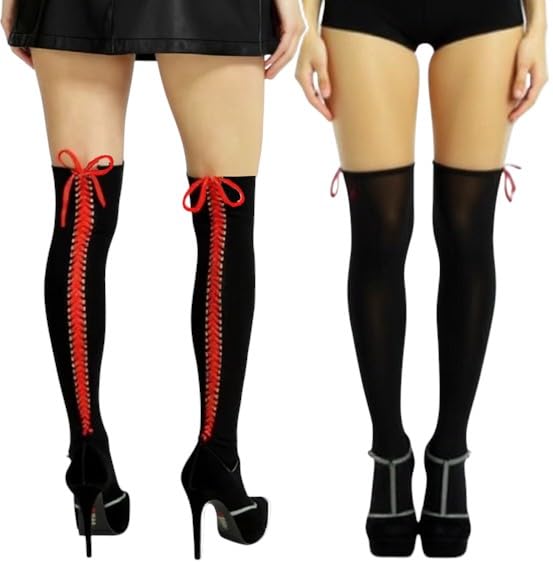 Image of ToBeInStyle Women's Lace Up Back Seam Tights Sheer or Opaque Hosiery Stockings Crisscross Lace Ribbon Zigzag Design