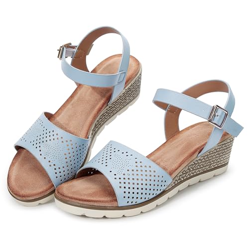 Women's Cute Hollow Bee Cut Out Platform Ankle Strap Wedge Sandals