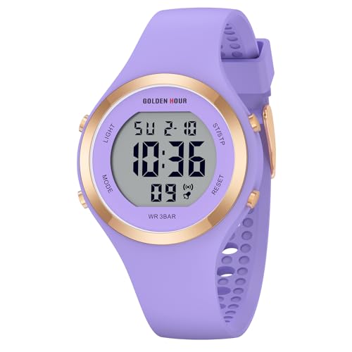 GOLDEN HOUR Reloj Digital Mujer, Resistente al Agua hasta 5 ATM, Deportivo, cronógrafo, Correa de Silicona, Reloj de Pulsera para Mujer con Fecha, Esfera Luminosa de fácil Lectura - Morado