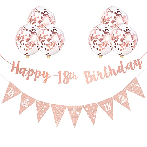 Kit de décorations pour 18e anniversaire comprenant une bannière dorée rose « Happy 18th Birthday », une bannière triangulaire or rose et des ballons en latex avec confettis Cover
