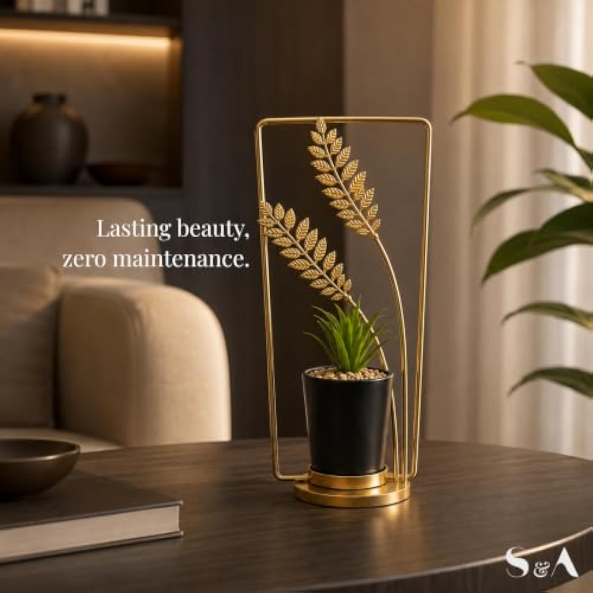 Artificial Plant in Black Pot with Gold Metal Frame