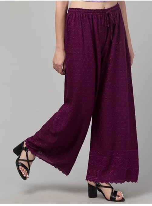Image of Women's Palazzo Pants Rayon Trousers Chikankari Embroidered Lace Trim Wide Leg Straight Fit Flared Palazzo for Girls & Women