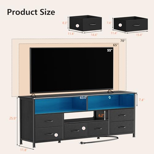 Image of Furologee TV Stand for 65 70 Inch TVs, 63 Inch Entertainment Center with Power Outlets and LED Lights, Media Console with 6 Fabric Drawers, PU Leather Surface for Living Room, Bedroom