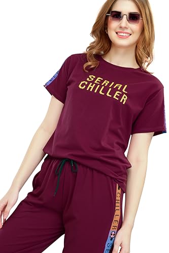 Image of ZEYO - Women's Cotton Typography Side Striped Night Suit Set of Top & Joggers Pajama Set