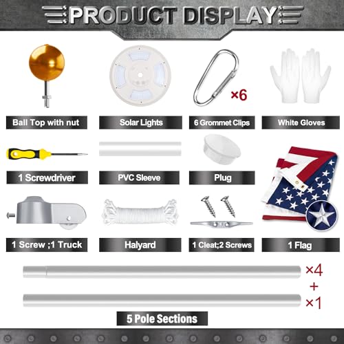 Mvpring Heavy Duty Flag Pole Kit With Solar Light, 20 Ft 13 Gauge Aluminum In Ground Flagpole With 128 Leds Solar Powered Set For House Outside thumb #1