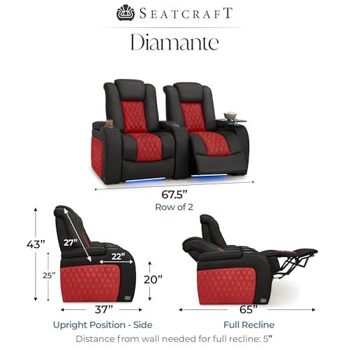 Image of Seatcraft Diamante Black /Red Italian Leather Home Theater Seating, Zero Gravity Power Recliner, Gaming and Home Office Chair, Powered Headrest Furniture for Family Cinema Room, Row of 2
