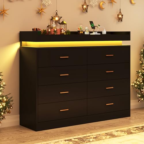 Image of jiteentarou 8 Drawer Dresser with Charging Station and LED Lights, Modern Chest of Drawers with Power Outlet, Organizer Cabinet for Bedroom, Living Room, Black
