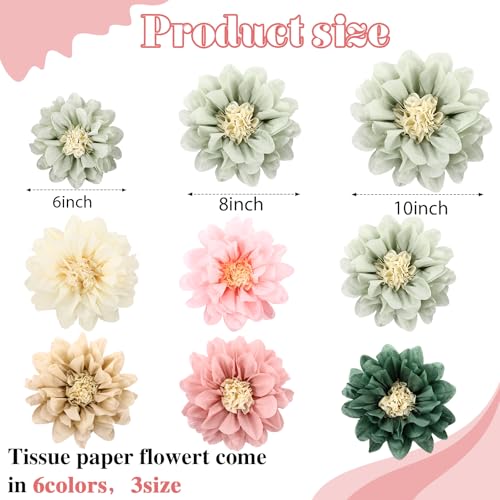Image of Geyee 18 Pcs Mexican Paper Flowers Colorful Fiesta Tissue Paper Flowers Pom Poms Mexican Carnival for Floral Party Backdrop Wedding Birthday Party Craft (Sage Pink Series,6 inch 8 inch 10 inch)