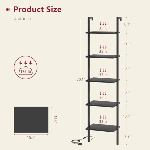 Tajsoon 5 Tier Ladder Shelf with Light, Wooden Wall Mounted Book Shelf, Ladder Bookshelf with Metal Frame, Wall Mounted Ladder Bookshelf for Office, Living Room, Bedroom, Black - Image 3